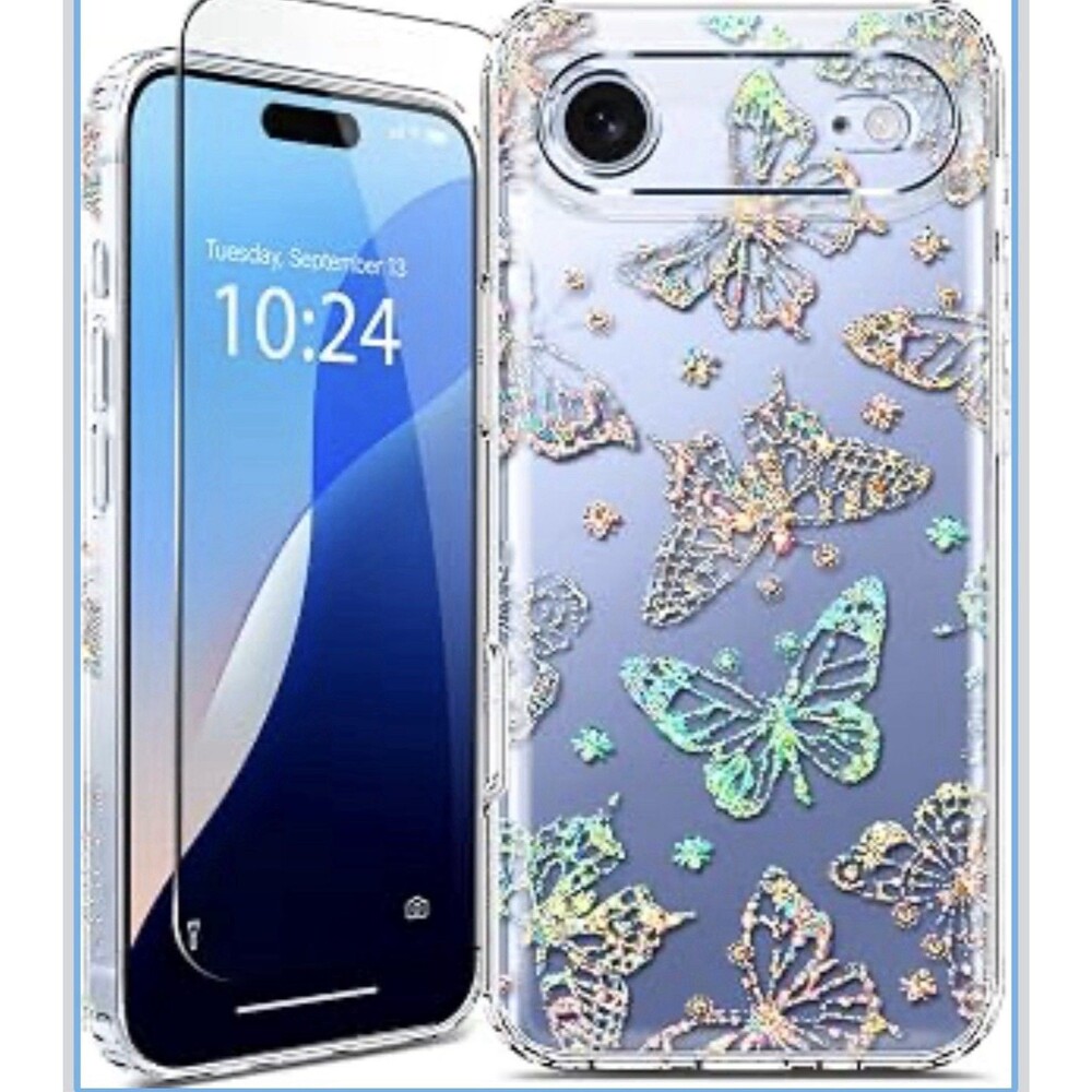 Iridescent Clear Glitter for iPhone 17 Air Case with Screen Protector Butterfly